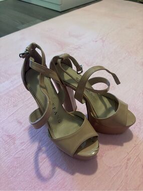Nude Patent Platform Peep-Toe Ankle-Strap Heels